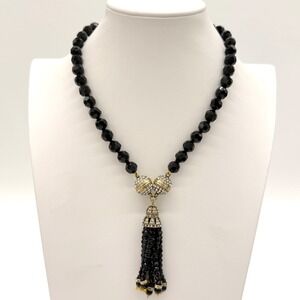 Heidi Daus Black Bead Tassel‎ Necklace Rhinestone Statement Gold Tone Glam